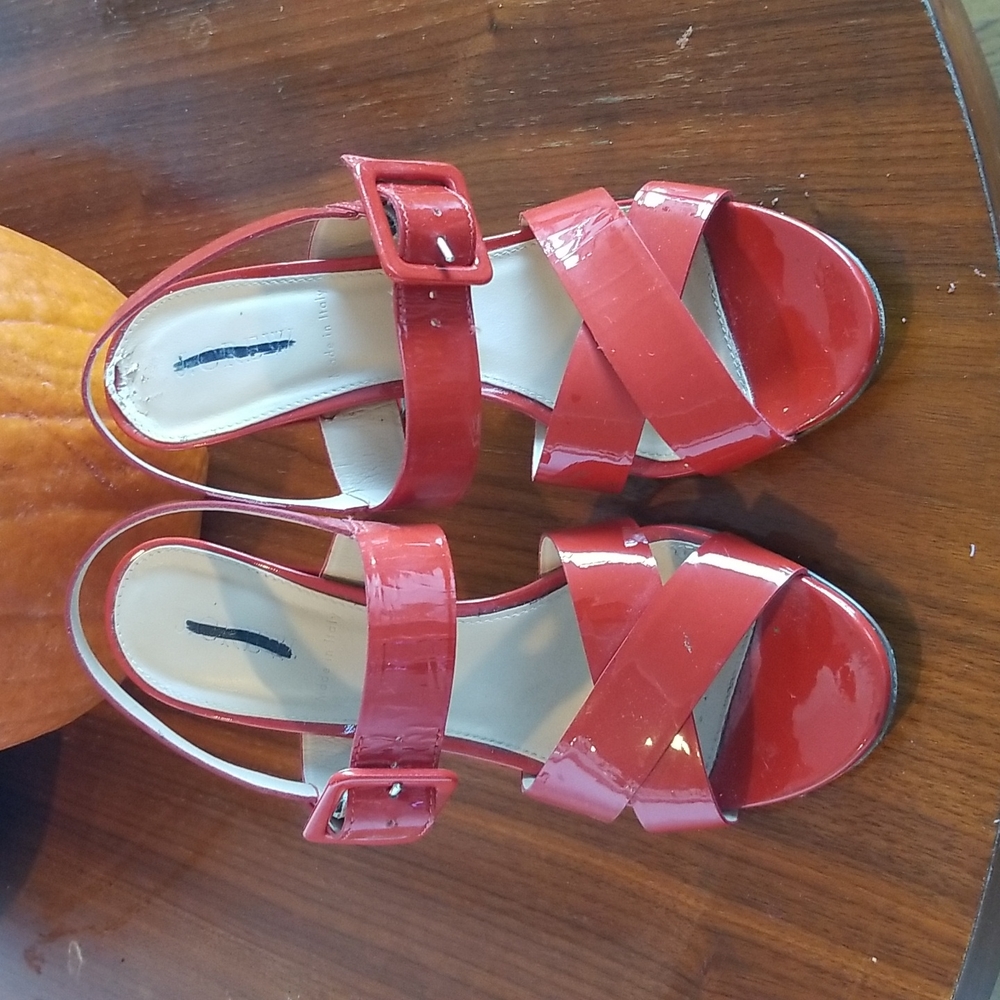 J crew orange red patent leather strappy heels